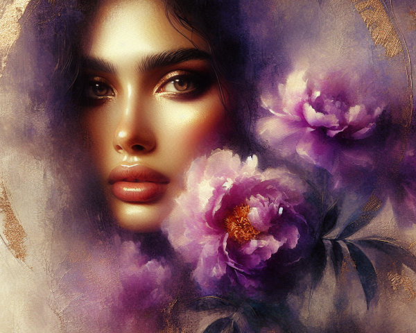 Close-up Portrait of Woman with Purple Peonies