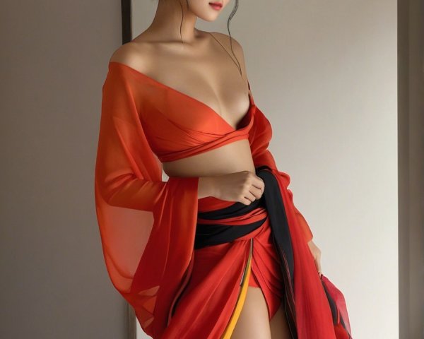 Elegant Woman in Vibrant Red and Orange Outfit