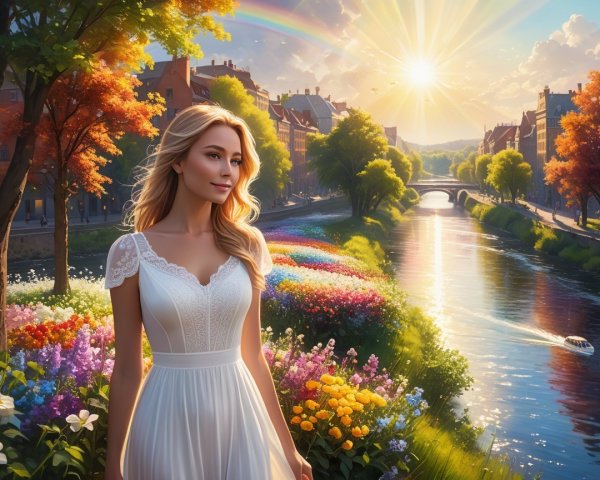 Young Woman by Vibrant River at Sunrise