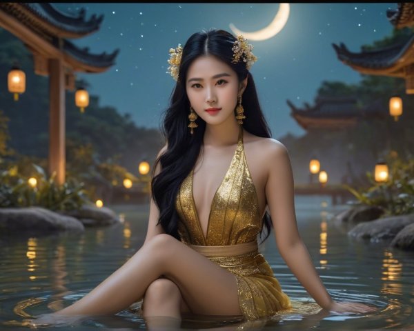 Serene Night Scene with Woman in Gold Dress and Lanterns