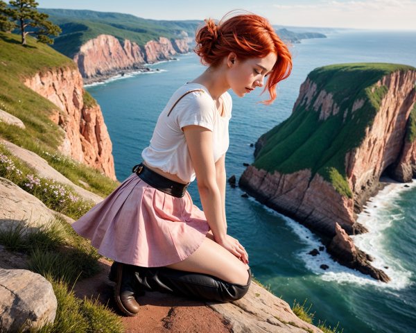 Young Woman with Red Hair on Coastal Cliff