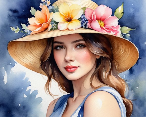 Young woman in straw hat with floral accents