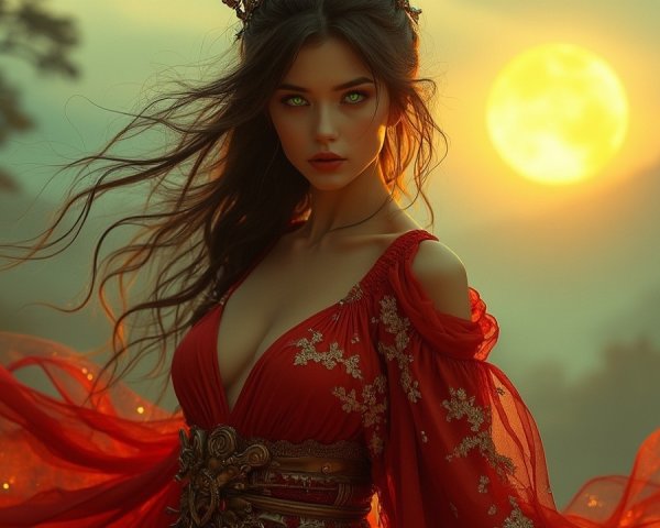 Woman in Red Gown Against Sunset and Greenery