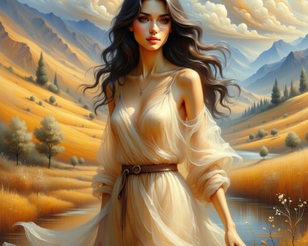 Serene landscape with a woman by a calm river
