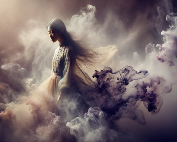 Serene figure in colorful mist with flowing fabric