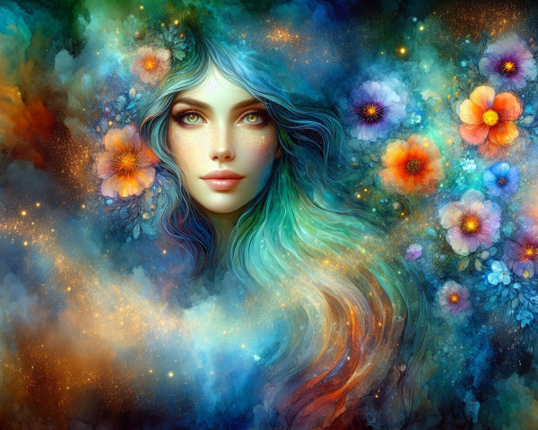 Portrait of a woman in vibrant cosmic colors