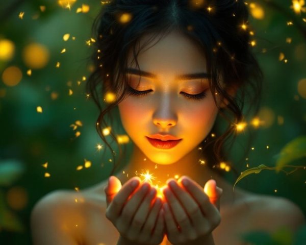 Young woman with glowing hands in a mystical setting