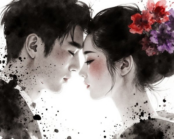 Watercolor Painting of a Romantic Couple's Moment