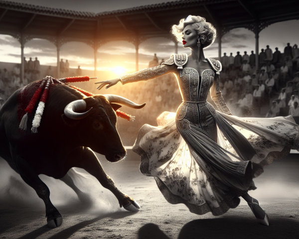Woman in ornate dress encounters bull in arena at sunset