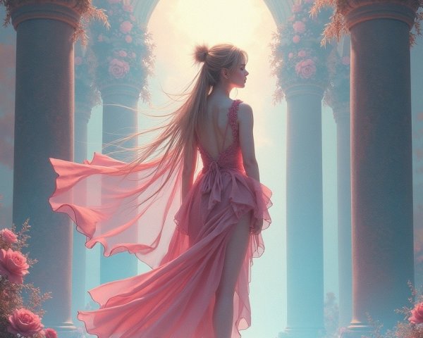 Elegant figure in ethereal garden with roses and light