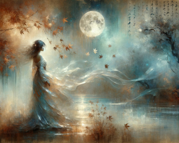 Mystical figure by tranquil water under glowing moon
