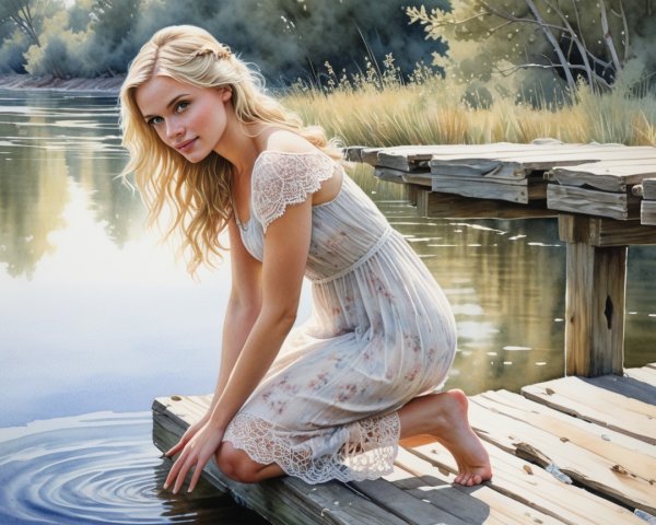 Young woman in white dress by tranquil river scene