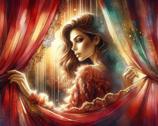 Glamorous Woman Behind Luxurious Curtains in Dreamlike Light