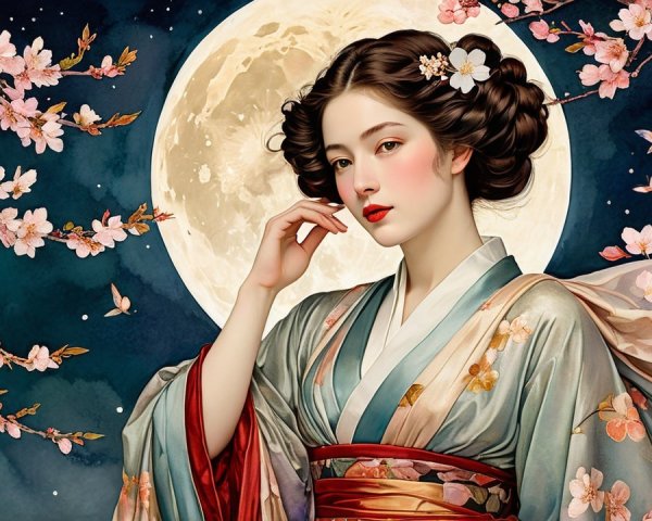 Woman in Kimono with Cherry Blossoms and Full Moon