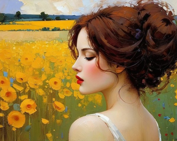 Dreamy Portrait of a Woman in a Flower Field