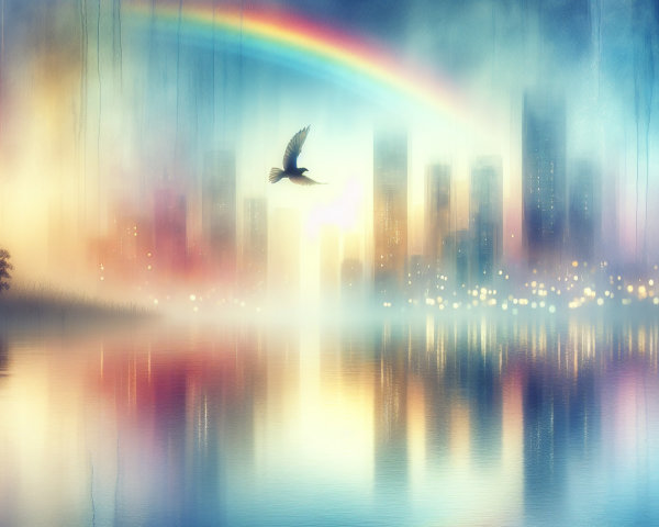 Serene Twilight City Skyline with Rainbow and Lake
