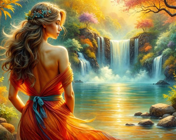 Serene Landscape with Waterfall and Vibrant Autumn Foliage