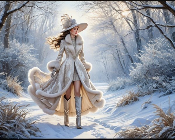 Elegant Winter Outfit in Snowy Forest Setting