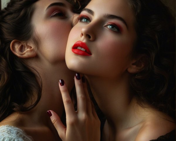 Two Women with Dramatic Makeup and Intimate Connection