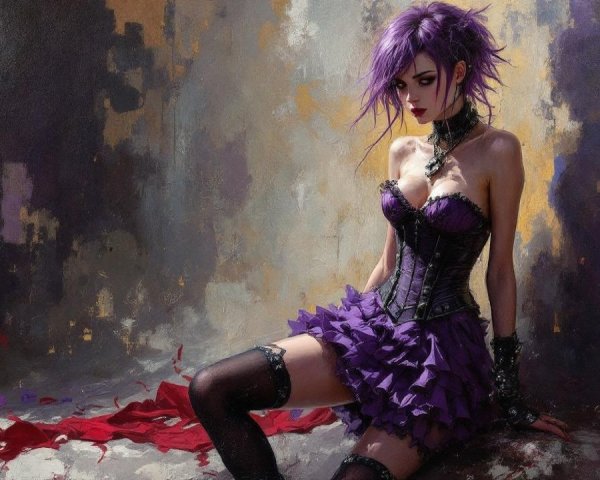 Elegant figure with purple hair in gothic attire