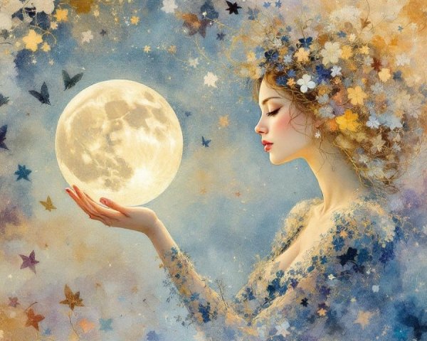 Serene Woman Cradling Moon in Dreamy Landscape