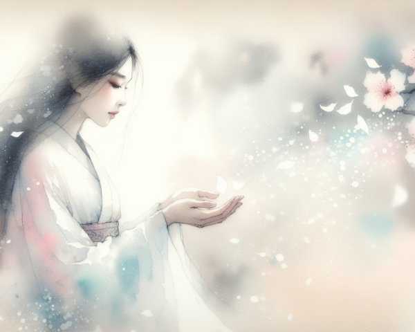 Young Woman in White Garment Surrounded by Cherry Blossoms