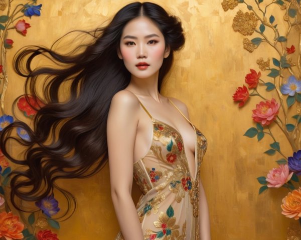 Elegant Woman in Floral Gown Against Golden Background