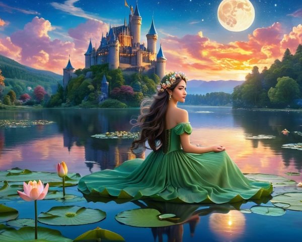 Young Woman on Lily Pad with Castle and Lotus Flowers