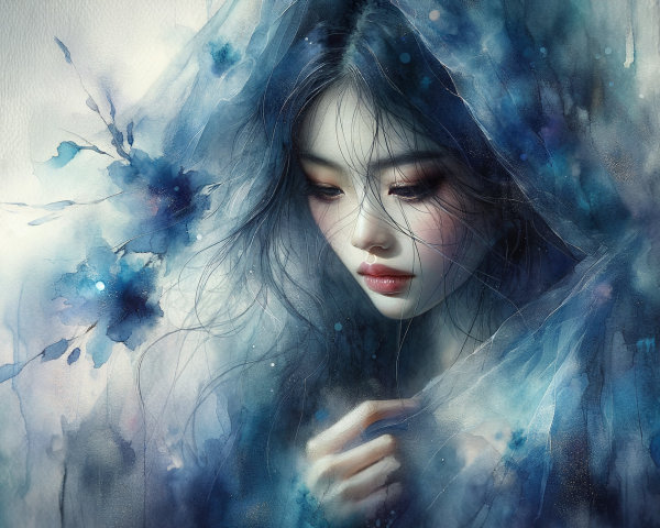 Delicate Portrait of a Young Woman in Translucent Cloak