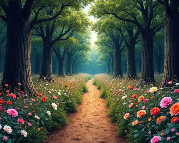 Serene Forest Path Surrounded by Colorful Flowers