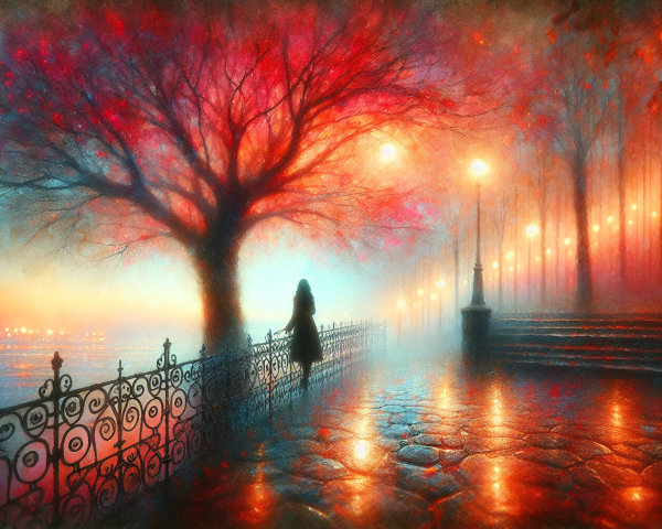 Autumn Scene with Figure on Misty Promenade
