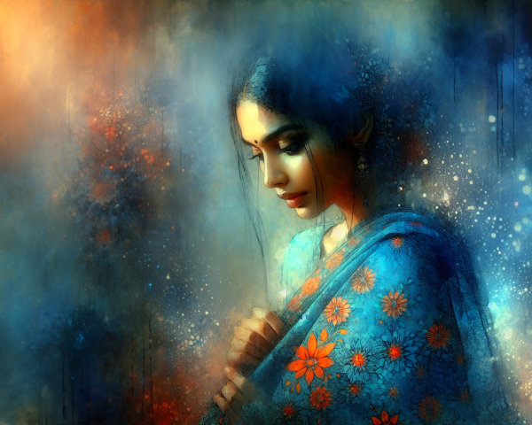 Portrait of a woman in a blue saree with floral patterns