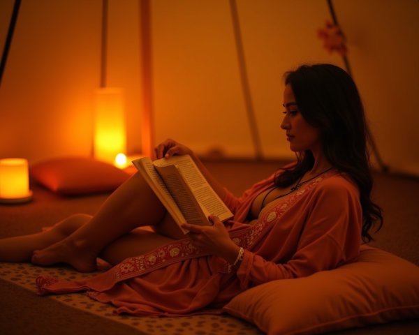 Woman Reading in Cozy Tent with Warm Lighting