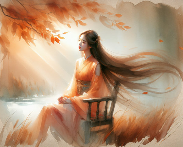 Young Woman in Orange Hanfu Amid Autumn Leaves