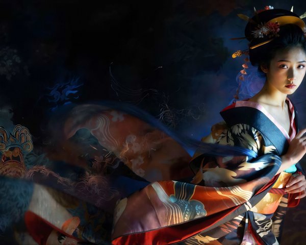 Close-up of a young Japanese geisha in ornate kimono