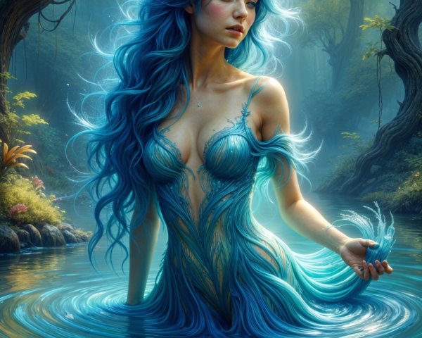 Mystical Figure in Enchanted Forest by Shimmering Pool