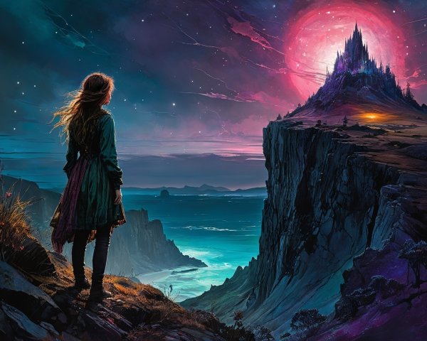 Person on Cliff Overlooking Fantastical Twilight Landscape