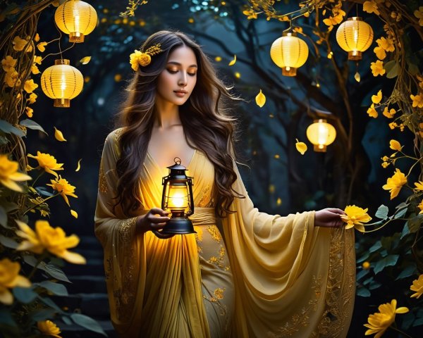 Young Woman in Yellow Gown in Mystical Forest Scene