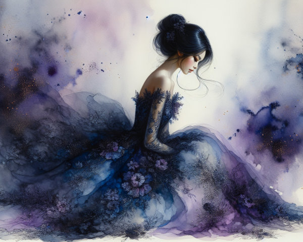 Elegant gown in watercolor hues of blue and purple
