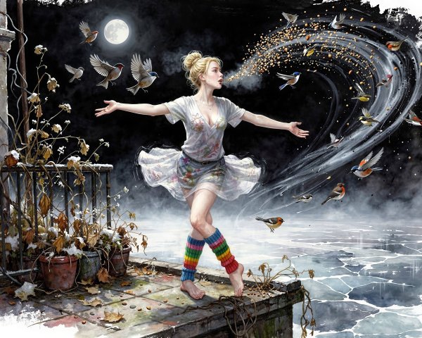 Watercolor Painting of Woman on Balcony under Moonlight