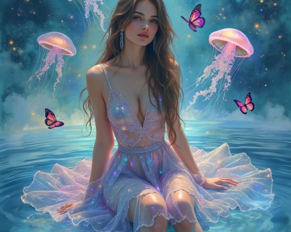 Young woman in sparkling outfit among jellyfish and butterflies