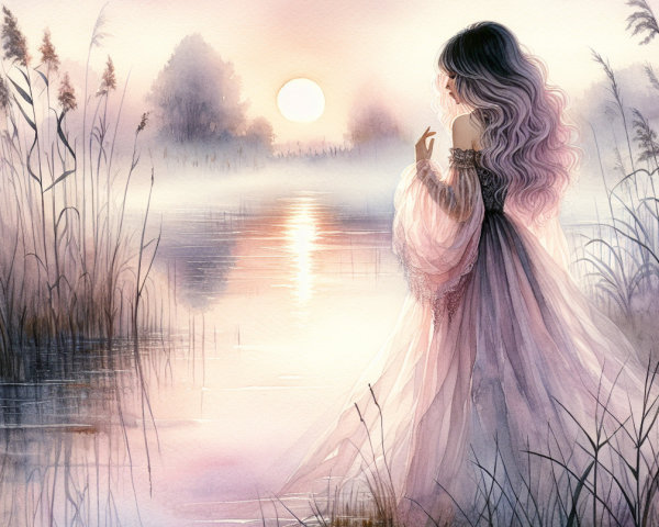 Serene Sunset Scene by a Tranquil Lake with Silhouette