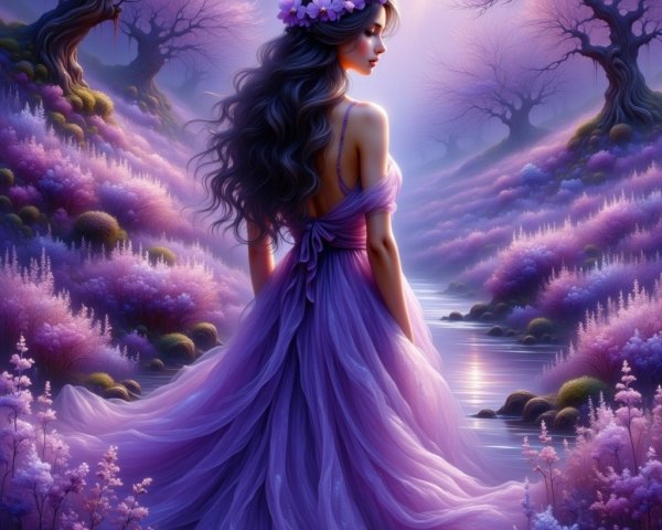 Dreamlike Landscape with Woman in Lavender Gown