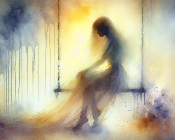 Watercolor Painting of Woman on Swing in Soft Hues