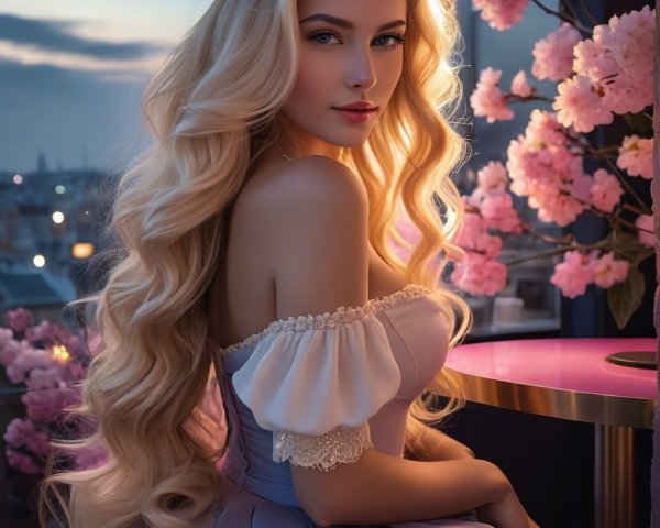 Young woman by window with cherry blossoms at twilight