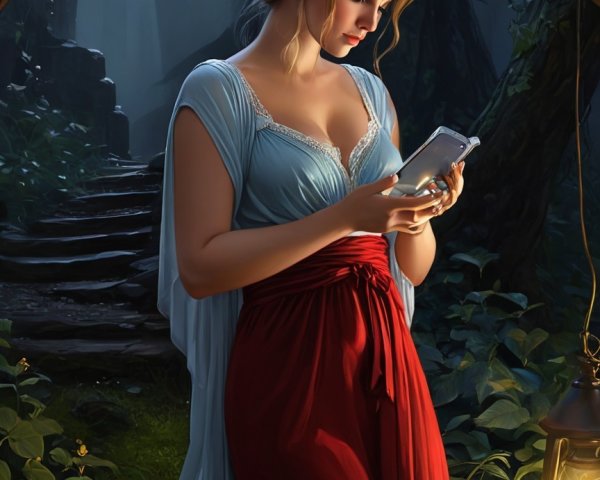 Young Woman in Mystical Forest with Smartphone