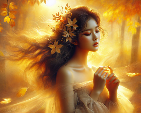Serene Woman in Autumn Forest with Golden Light