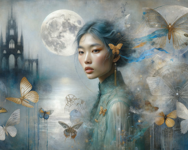 Serene Young Woman with Blue Hair and Butterflies
