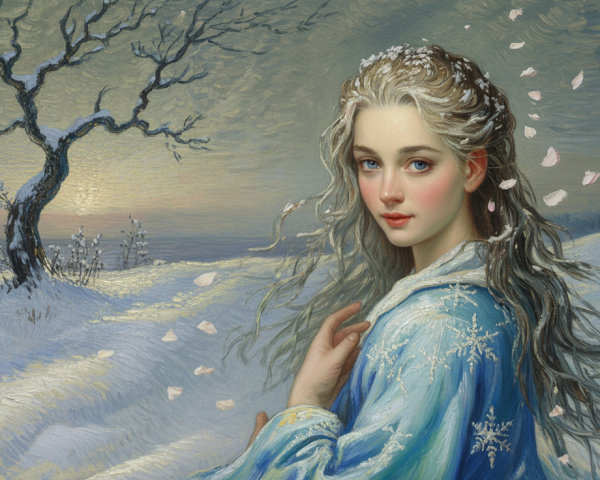 Serene Woman in Blue Gown in Winter Landscape