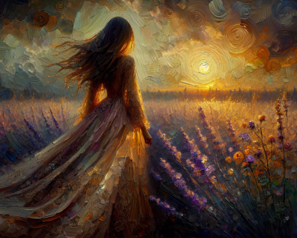 Woman in Ethereal Dress in Lavender Field at Sunset